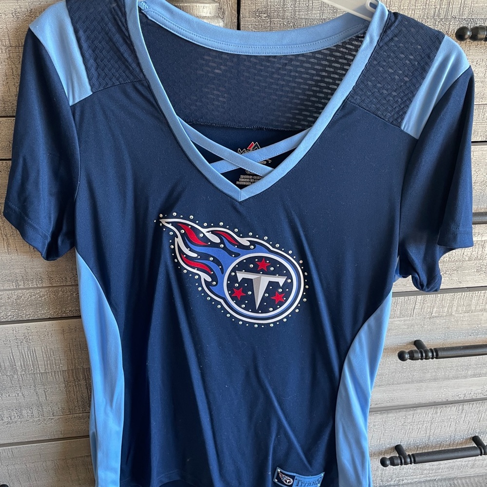 Tennessee Titan Women's Navy and Light Blue V-Neck Jersey